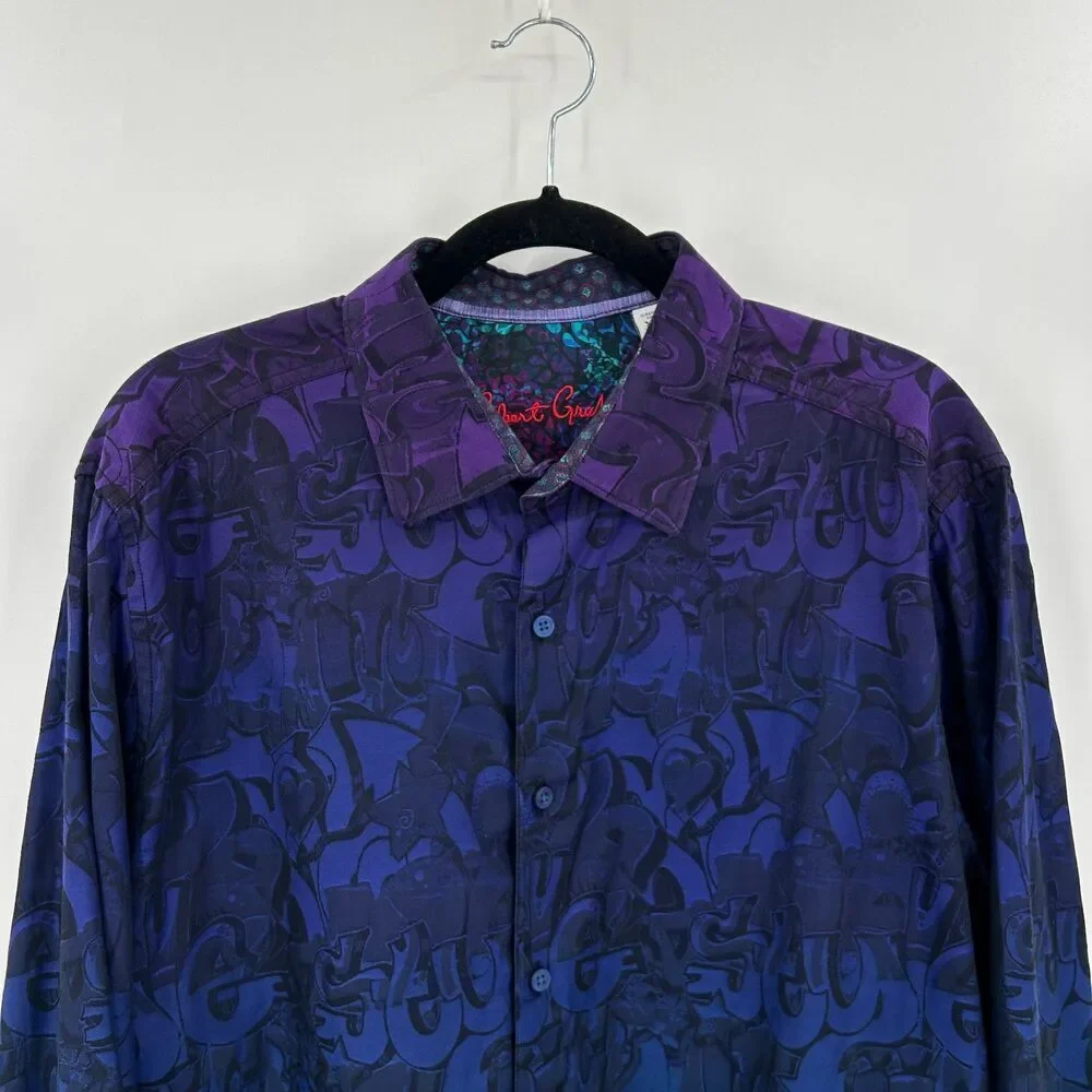 ROBERT GRAHAM Beat Street Blue Purple Ombre Graffiti Long Sleeve Dress Shirt XL - Picture 3 of 6